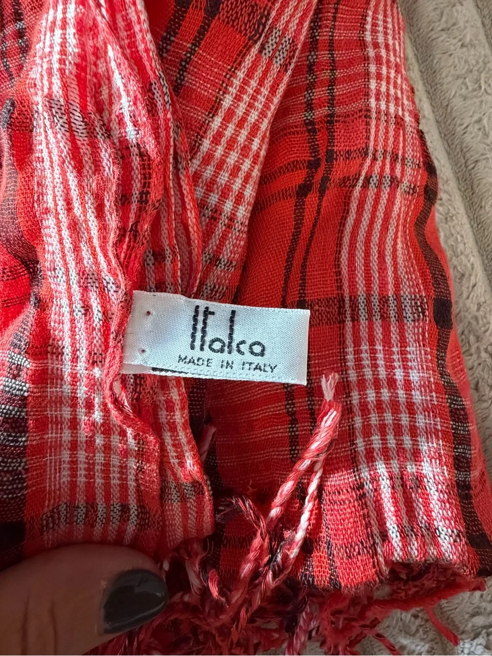 Vintage Italca Italy Red Plaid Fringed Scarf - Linen Viscose Blend